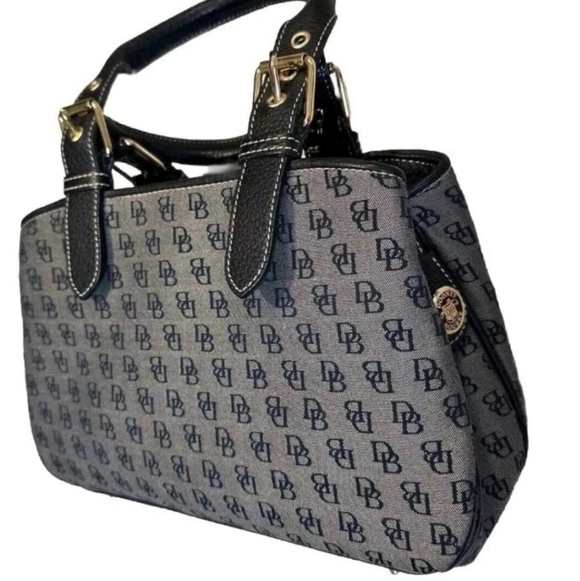 Dooney & Bourke Handbags - VINTAGE Dooney & Bourke Black Leather Gray Canvas Shoulder Bag Medium Size
